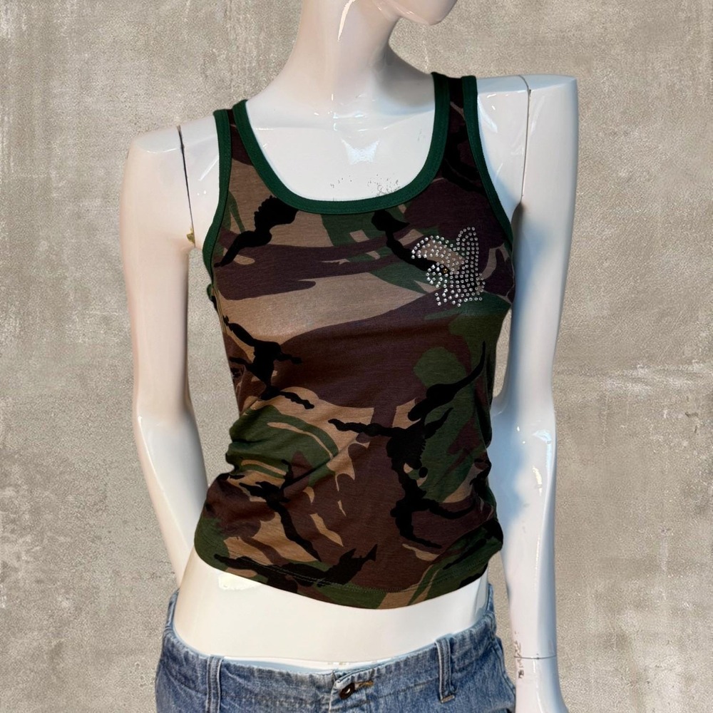 Y2K Camo Rhinestone Bunny Tank Top | Fitted Camouflage Baby Tank Fits S/M